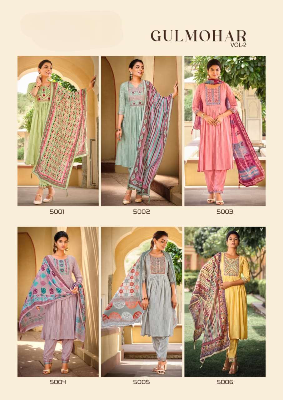 GULMAHOR VOL 2 PREMIUM LIVA TAG RAYON THREAD AND HANDWORK KURTI WITH PANT AND MUSLIN DIGITAL PRINT DUPATTA BY S3FOREVER BRAND INDEX